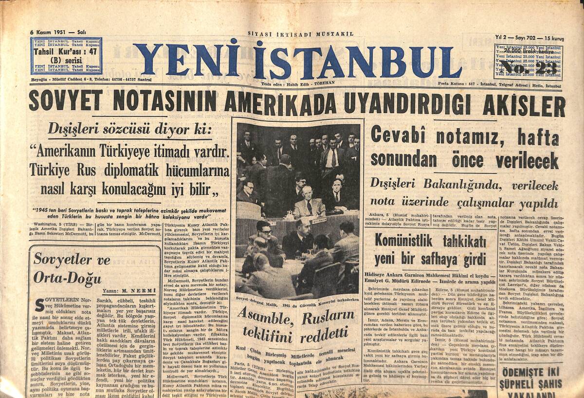 Yeni İstanbul Gazetesi 6 Kasım 1951 - Mısır'ın İngiltere'ye Pamuk Harbi Açması Muhtemel - İstanbul Ve Roma Arasında Mukayese GZ147544 - 1