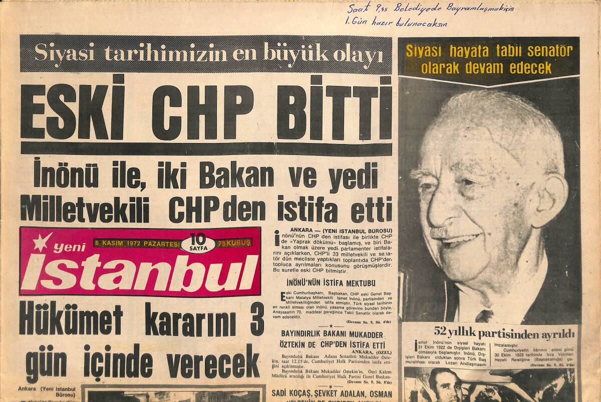 Yeni İstanbul Gazetesi 6 Kasım 1972 - İnönü İle , İki Bakan Ve Yedi Milletvekili CHP'den İstifa Etti - Boğaz Köprüsü Gecikiyor GZ141464 - 1