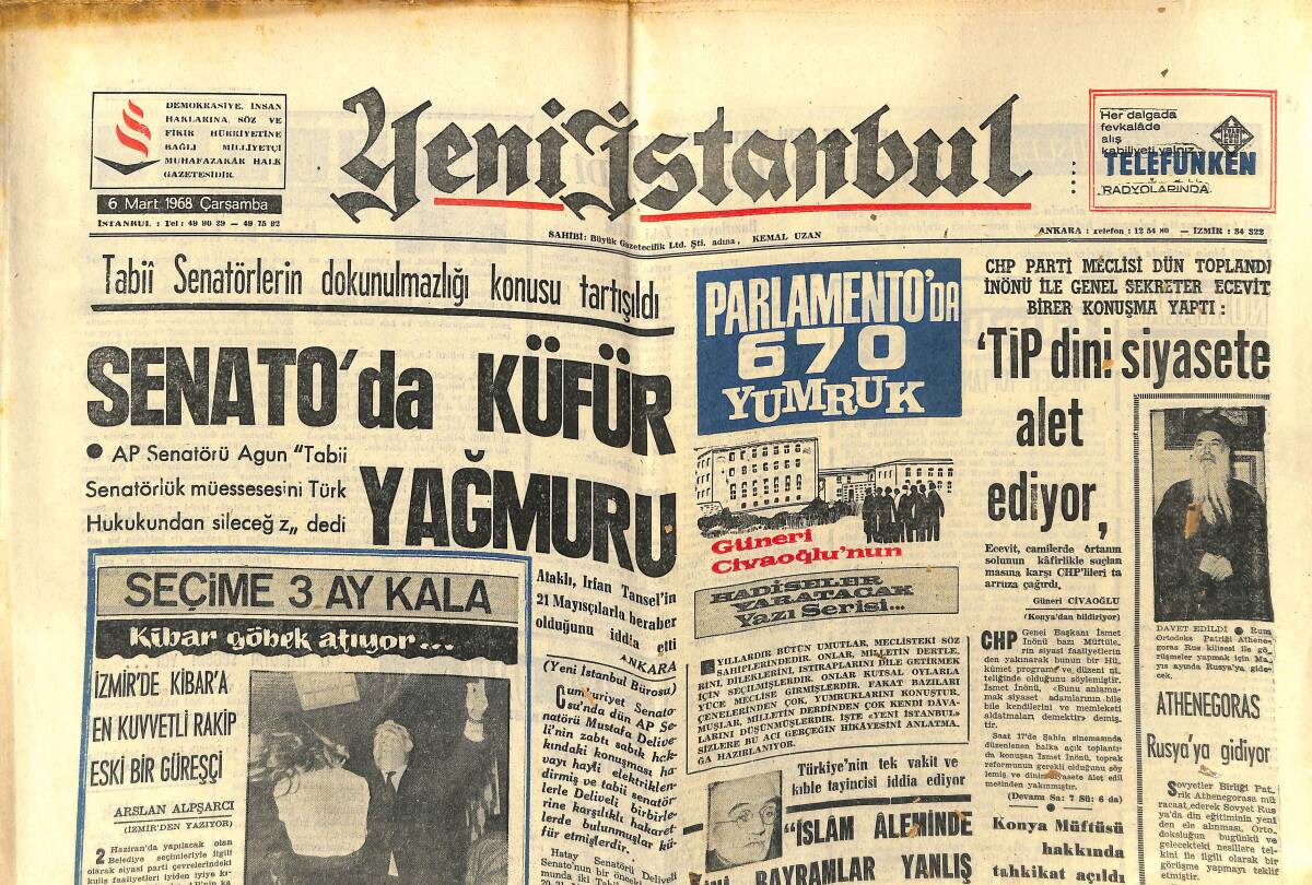 Yeni İstanbul Gazetesi 6 Mart 1968 - Makarios, Türklere Nihayet Taviz Verdi - İran Milli Havayollarının Kokteyli GZ151172 - 1