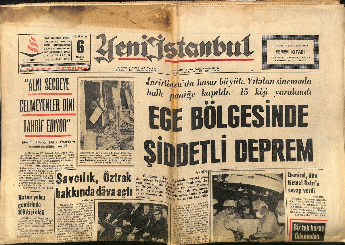 Yeni İstanbul Gazetesi 6 Mayıs 1966 - Ege Bölgesinde Şiddetli Deprem - Savcılık, Öztrak Hakkında Dava Açtı GZ152057 - 1