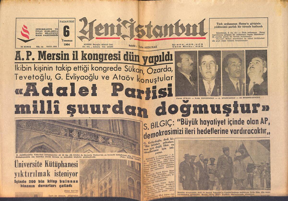 Yeni İstanbul Gazetesi 6 Temmuz 1964 - Yunanistan Kıbrıs İçin Hiçbir Konferansa Katılmak İstemiyor GZ158769 - 1