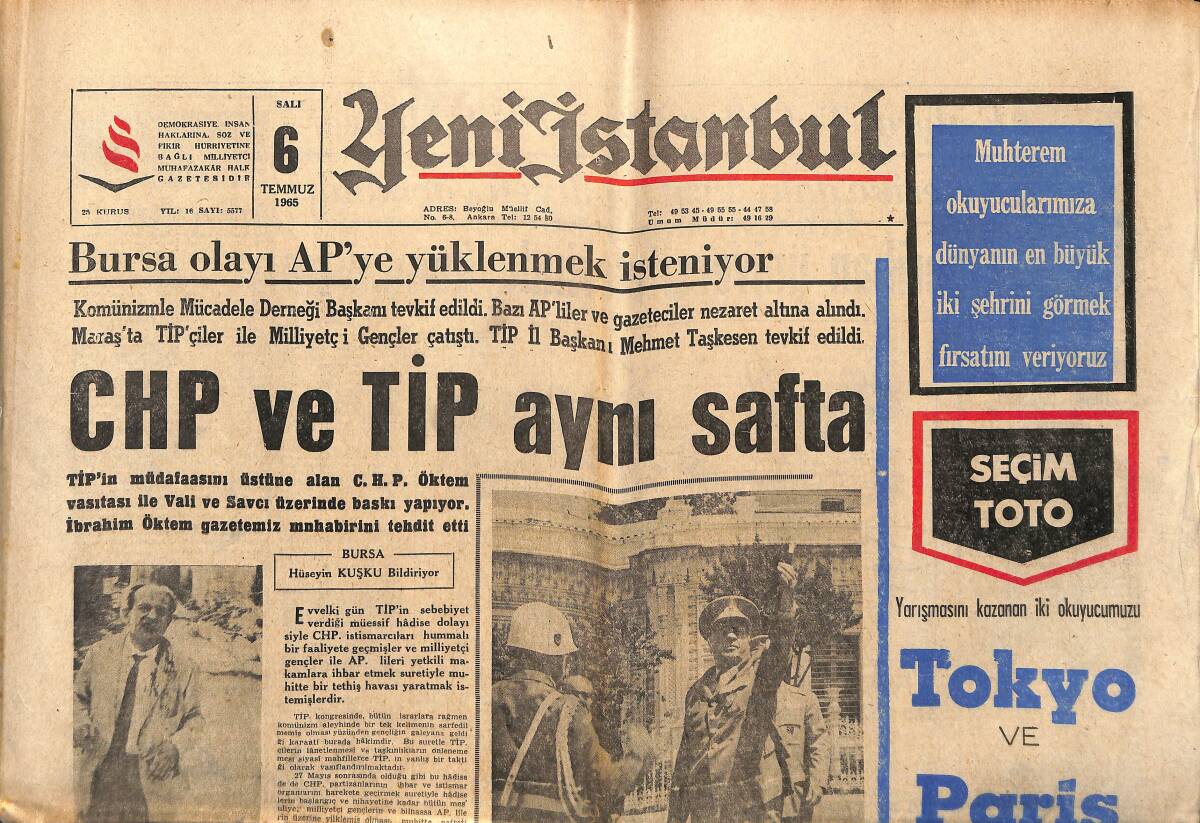 Yeni İstanbul Gazetesi 6 Temmuz 1965 - Derince'deki Grevi TİP Tahrik Etmiş - CHP Ve TİP Aynı Safta GZ150865 - 1