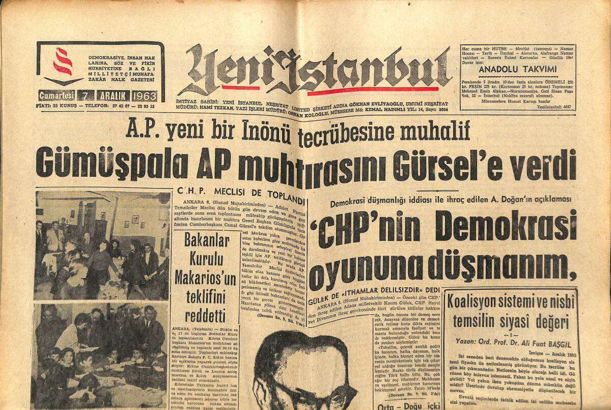Yeni İstanbul Gazetesi 7 Aralık 1963 - Gümüşpala AP Muhtırasını Gürsel'e Verdi - Mevlana İhtifali Bugün Başlıyor GZ152667 - 1