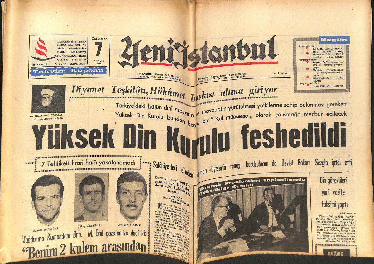 Yeni İstanbul Gazetesi 7 Aralık 1966 - Yüksek Din Kurulu Feshedildi - Diyanet Teşkilatı, Hükümet Baskısı Altına Giriyor GZ151109 - 1