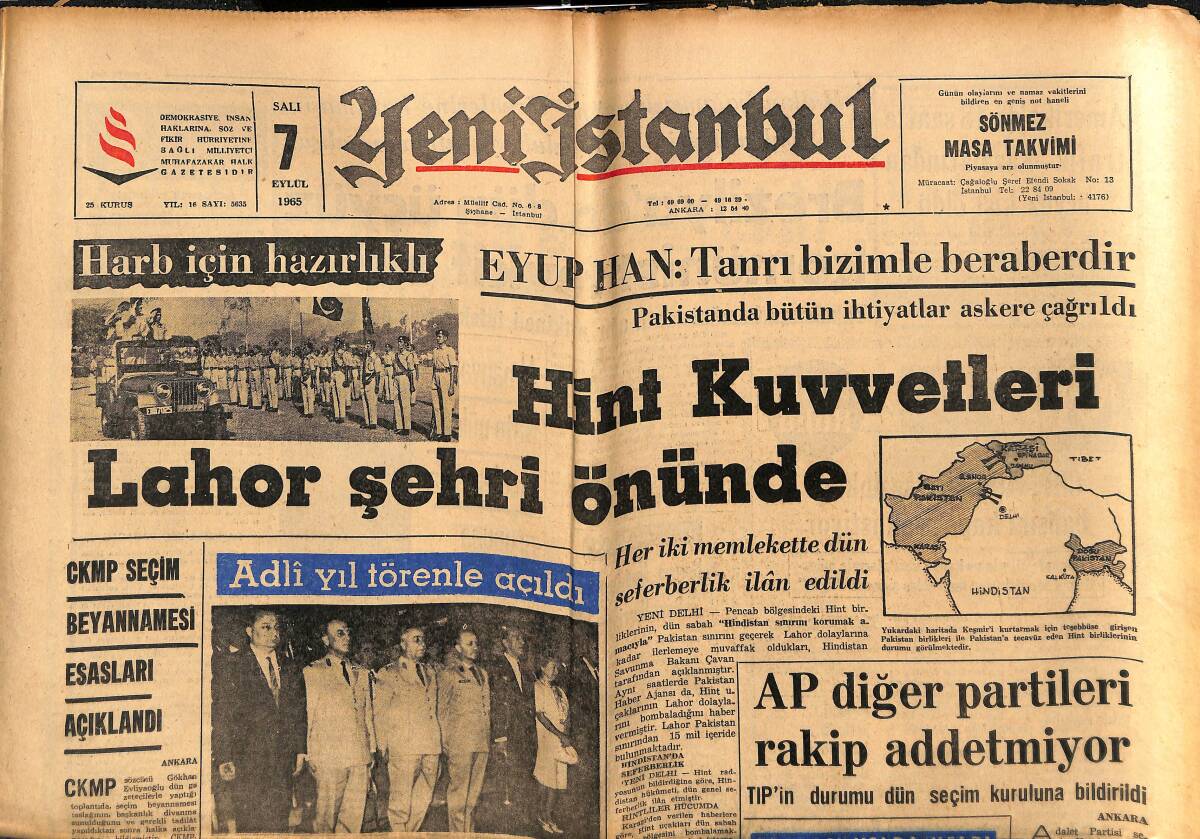 Yeni İstanbul Gazetesi 7 Eylül 1965 - Hint Kuvvetleri Lahor Şehri Önünde - Bingöl'de Sonucu Milli Bakiye Belli Eder GZ152764 - 1