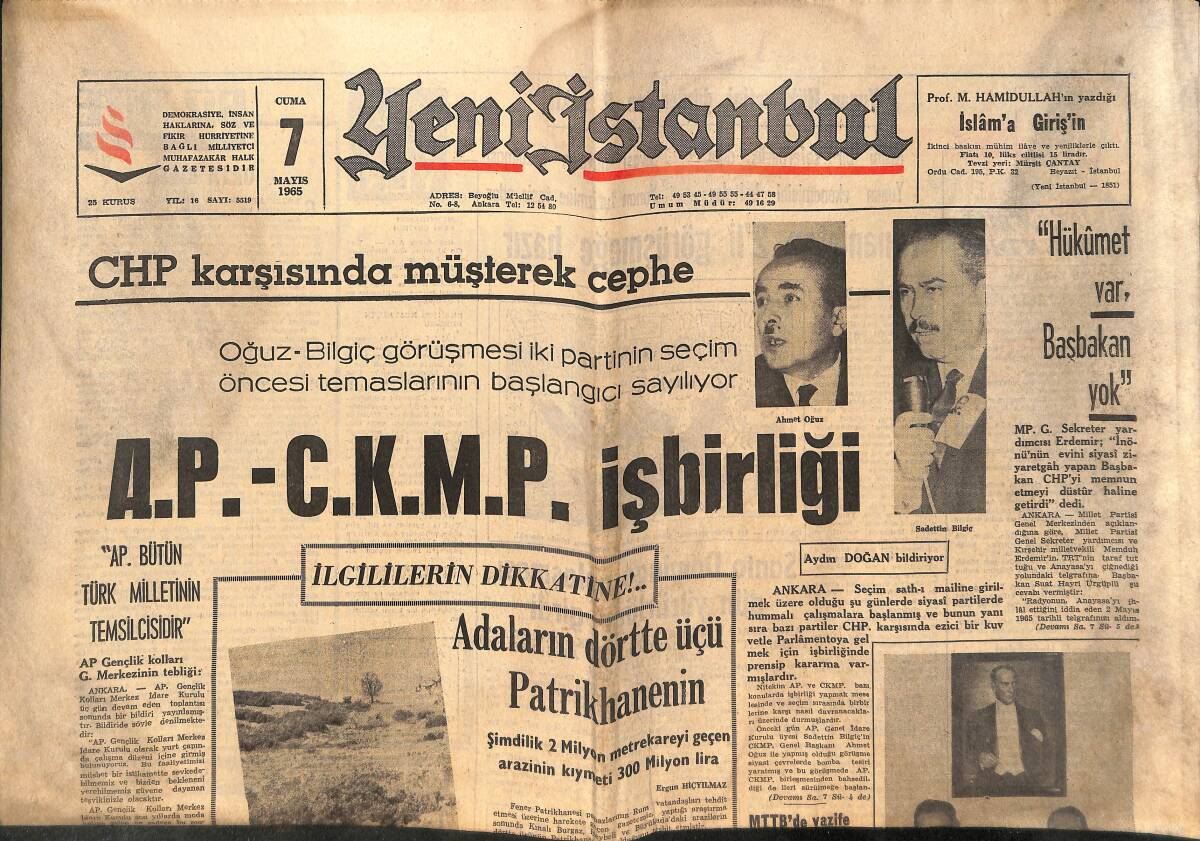 Yeni İstanbul Gazetesi 7 Mayıs 1965 - AP - CKMP İşbirliği - Apak, Demokratik Jest Spor Tarihine Geçecek ! GZ140532 - 1