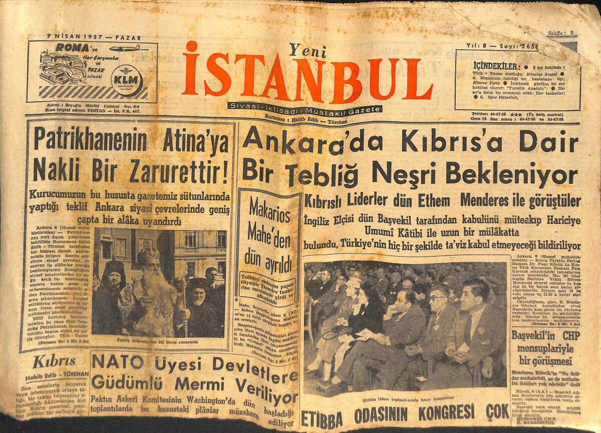 Yeni İstanbul Gazetesi 7 Nisan 1957 - Ankara'da Kıbrıs'a Dair Bir Tebliği Neşri Bekleniyor - Milli Takımımız Mısırdan Döndü - Fenerbahçe Ve Vefa GZ133294 - 1