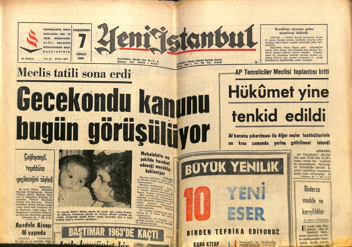 Yeni İstanbul Gazetesi 7 Nisan 1966 - Gecekondu Kanunu Bugün Görüşülüyor - Beşiktaş Liderliği Garanti Görmüyor GZ140353 - 1