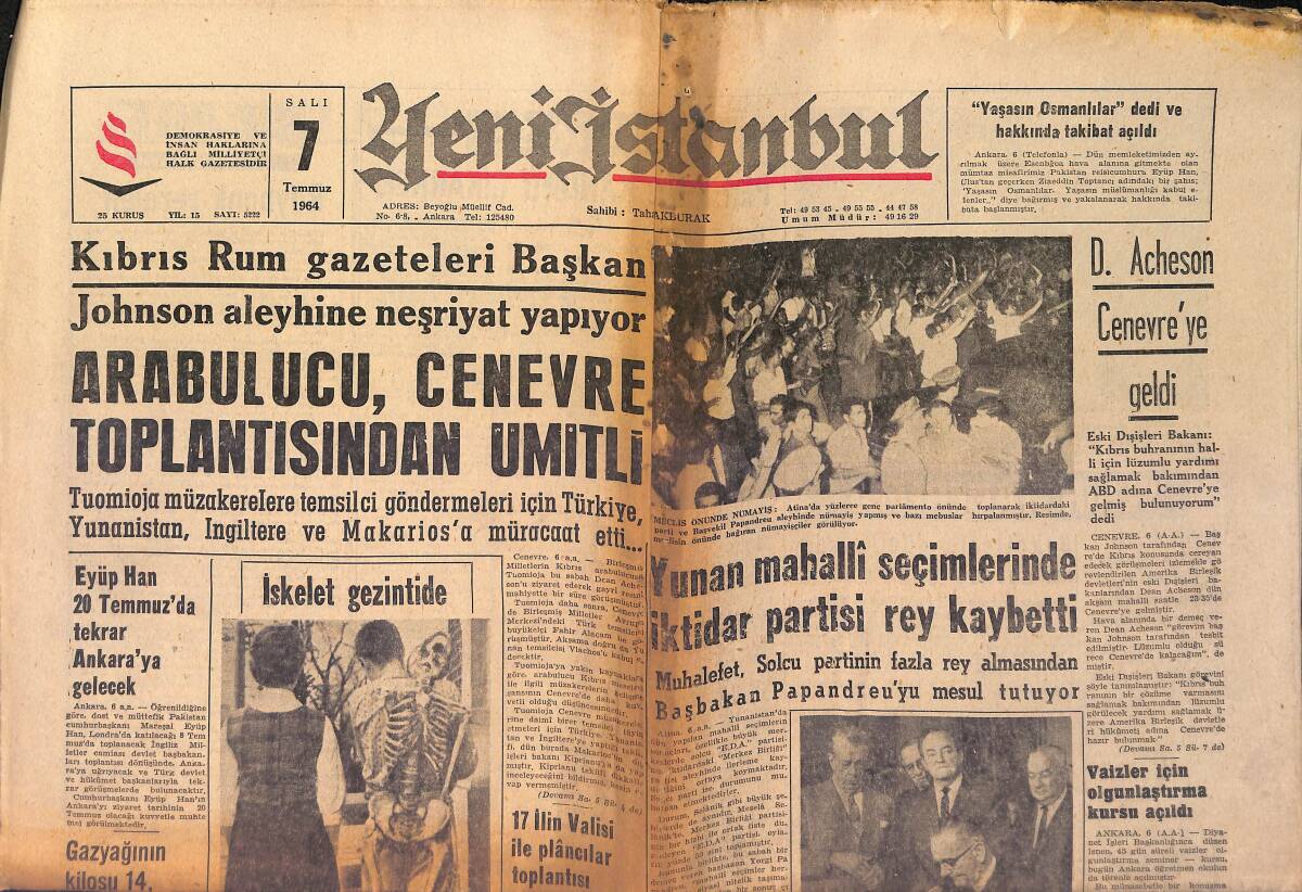 Yeni İstanbul Gazetesi 7 Temmuz 1964 - Grivas Enosis'i Çarpışarak Kazanacaklarını Söyledi GZ158770 - 1
