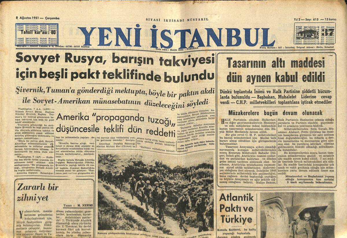 Yeni İstanbul Gazetesi 8 Ağustos 1951 - Sovyet Rusya , Barışın Takviyesi İçin Beşli Pakt Teklifinde Bulundu GZ147304 - 1