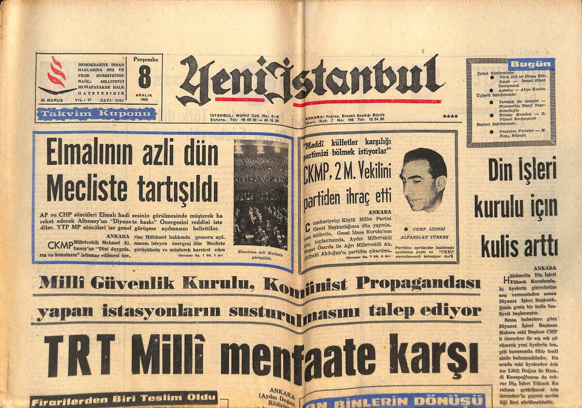 Yeni İstanbul Gazetesi 8 Aralık 1966 - TRT Milli Menfaate Karşı - Beşiktaş Fenerbahçe'yi Ezerek 4-0 Yendi GZ151108 - 1