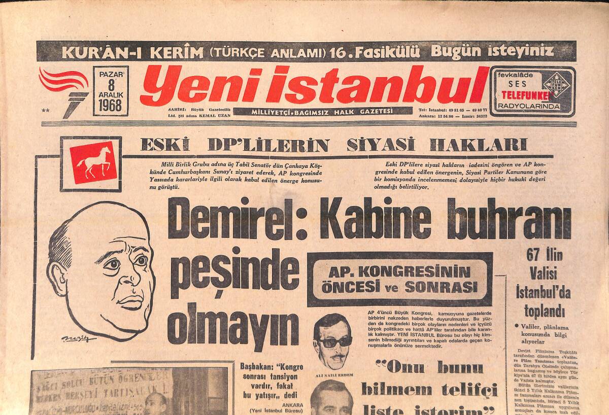 Yeni İstanbul Gazetesi 8 Aralık 1968 - Demirel: Kabine Buhranı Peşinde Olmayın - Lider Samsunspor Feriköy Karşısında GZ156856 - 1