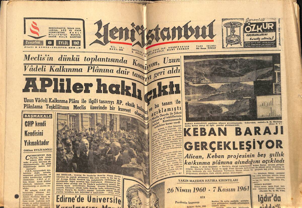 Yeni İstanbul Gazetesi 8 Eylül 1962 - Keban Barajı Gerçekleşiyor - AP'liler Haklı Çıktı GZ148923 - 1