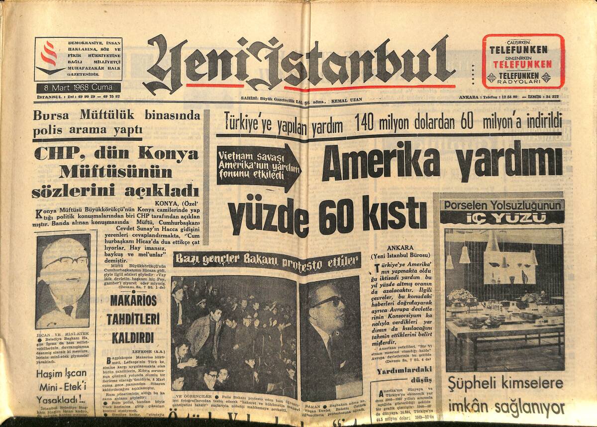 Yeni İstanbul Gazetesi 8 Mart 1968 - Vietnam Savaşı Amerika'nın Yardım Fonunu Etkiledi - Fenerbahçe Boks Şubesi Para İle Maç Satın Alıyor GZ151170 - 1