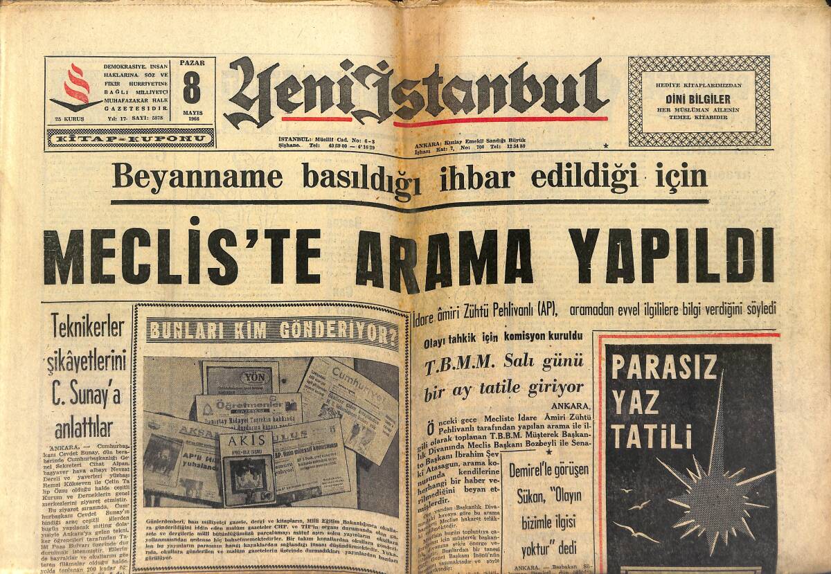 Yeni İstanbul Gazetesi 8 Mayıs 1966 - Meclis'te Arama Yapıldı - Şampiyon Beşiktaş'ın Son Prestij Maçı GZ151151 - 1