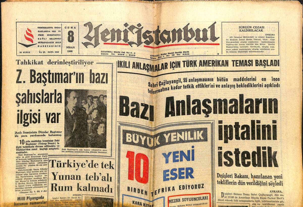 Yeni İstanbul Gazetesi 8 Nisan 1966 - Bazı Anlaşmaların İptalini İstedik - İngiltere'de Liverpool Şampiyonluğa Gidiyor GZ140404 - 1