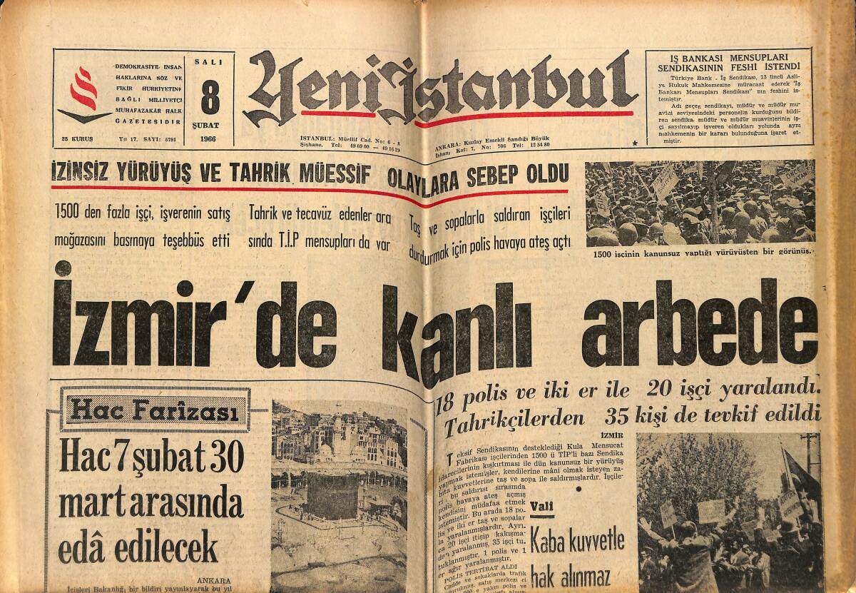 Yeni İstanbul Gazetesi 8 Şubat 1966 - İzmir'de Kanlı Arbede - Demirel İle İnönü 40 Dakika Görüştü GZ155812 - 1