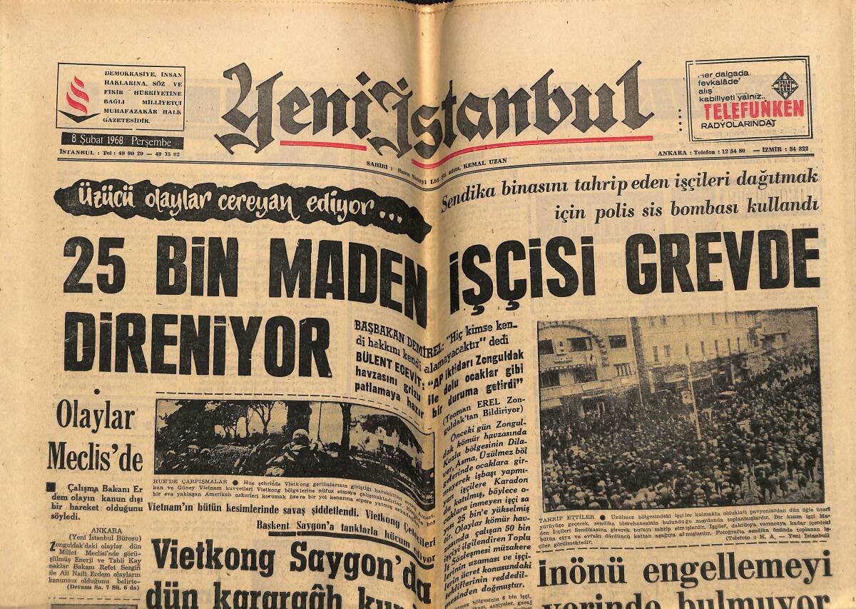 Yeni İstanbul Gazetesi 8 Şubat 1968 - 25 Bin Maden İşçisi Grevde Direniyor - Muş Posta Treni Kara Saplandı GZ148741 - 1