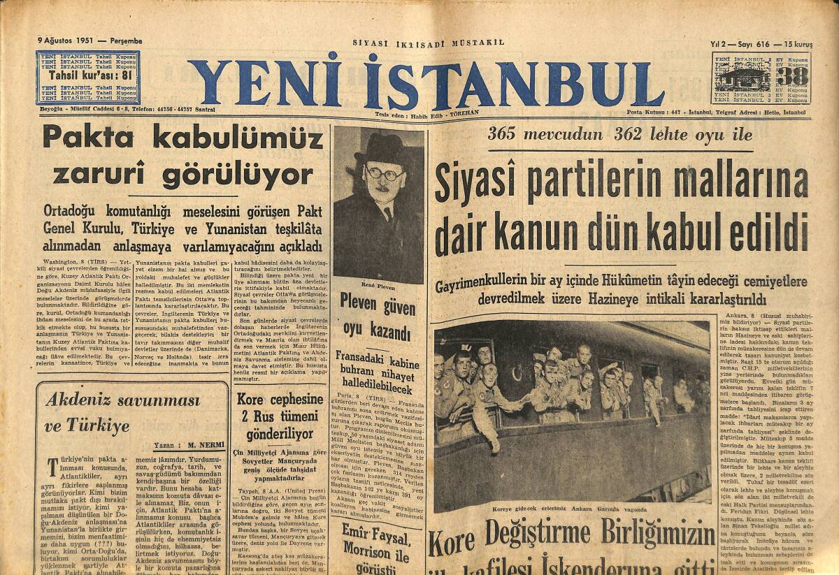 Yeni İstanbul Gazetesi 9 Ağustos 1951 - Siyasi Partilerin Mallarına Dair Kanun Dün Kabul Edildi - Pleven Güven Oyu Kazandı GZ147643 - 1