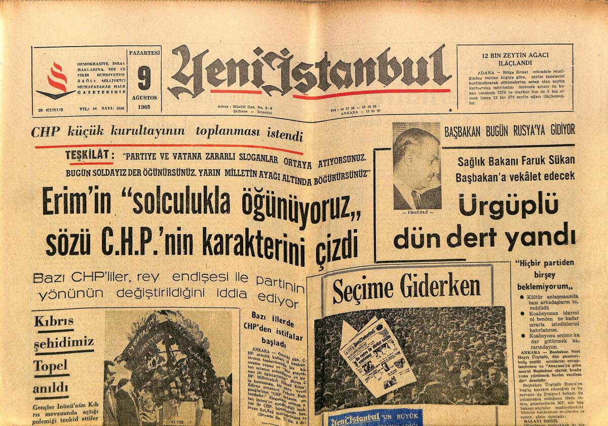 Yeni İstanbul Gazetesi 9 Ağustos 1965 - Ürgüplü Dert Yandı - Papandreu İstesede Hükümet Kuramıyor GZ152816 - 1