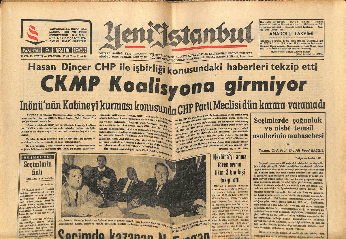 Yeni İstanbul Gazetesi 9 Aralık 1963 - Fenerbahçe'nin Reyleri Lefter'i Başa Geçirdi - Johnson Bazı Devletlere Askeri Yardımı Kesecek GZ152669 - 1
