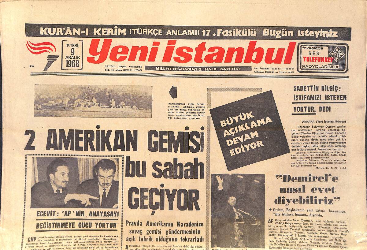 Yeni İstanbul Gazetesi 9 Aralık 1968 - 2 Amerikan Gemisi Bu Sabah Geçiyor - Bebek Bekleyen Sophia Loren GZ156855 - 1