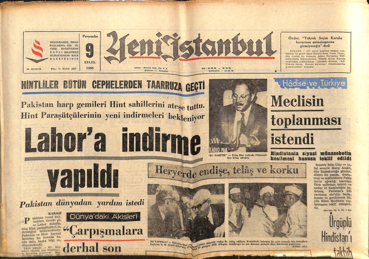 Yeni İstanbul Gazetesi 9 Eylül 1965 - Lahor'a İndirme Yapıldı - Tunceli'de Halk Yol İstiyor GZ152765 - 1