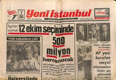 Yeni İstanbul Gazetesi 9 Haziran 1969 - Robert Taylor da Öldü - 12 Ekim Seçiminde 500 Milyon Harcanacak GZ120926 - 1