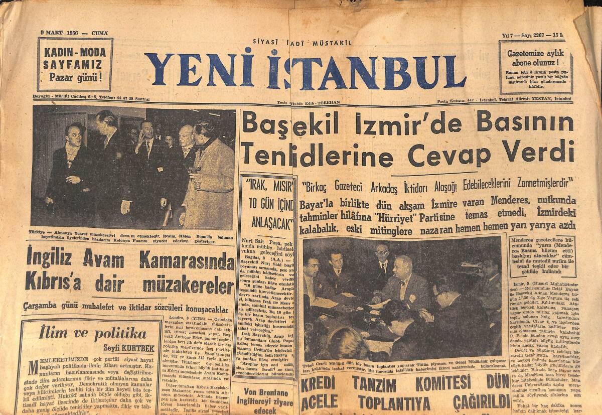 Yeni İstanbul Gazetesi 9 Mart 1956 - Hariciyede Yeni Tayinler Yapılıyor - Tekel İdaresinden Hazineye Büyük Gelir GZ132753 - 1