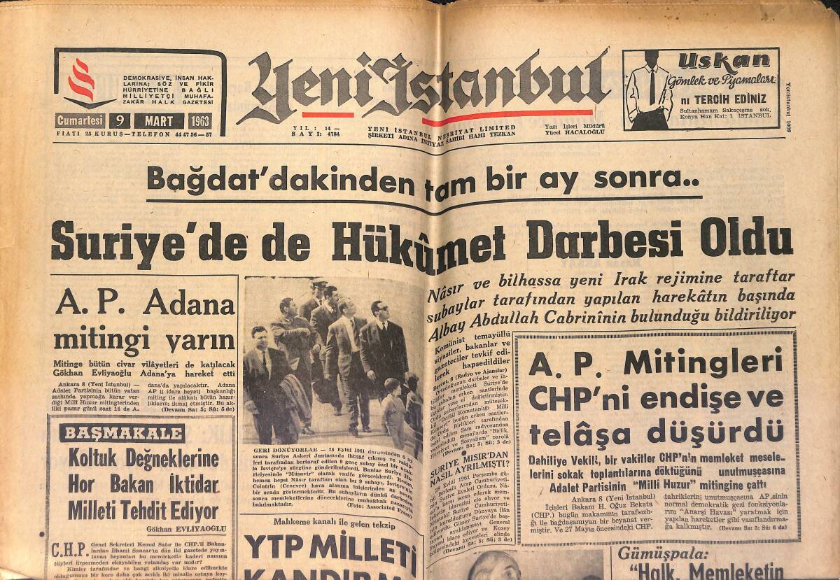 Yeni İstanbul Gazetesi 9 Mart 1963 - Suriye'de Hükümet Darbesi Oldu - Fenerbahçe Kongre Faaliyeti Hararetlendi GZ153318 - 1