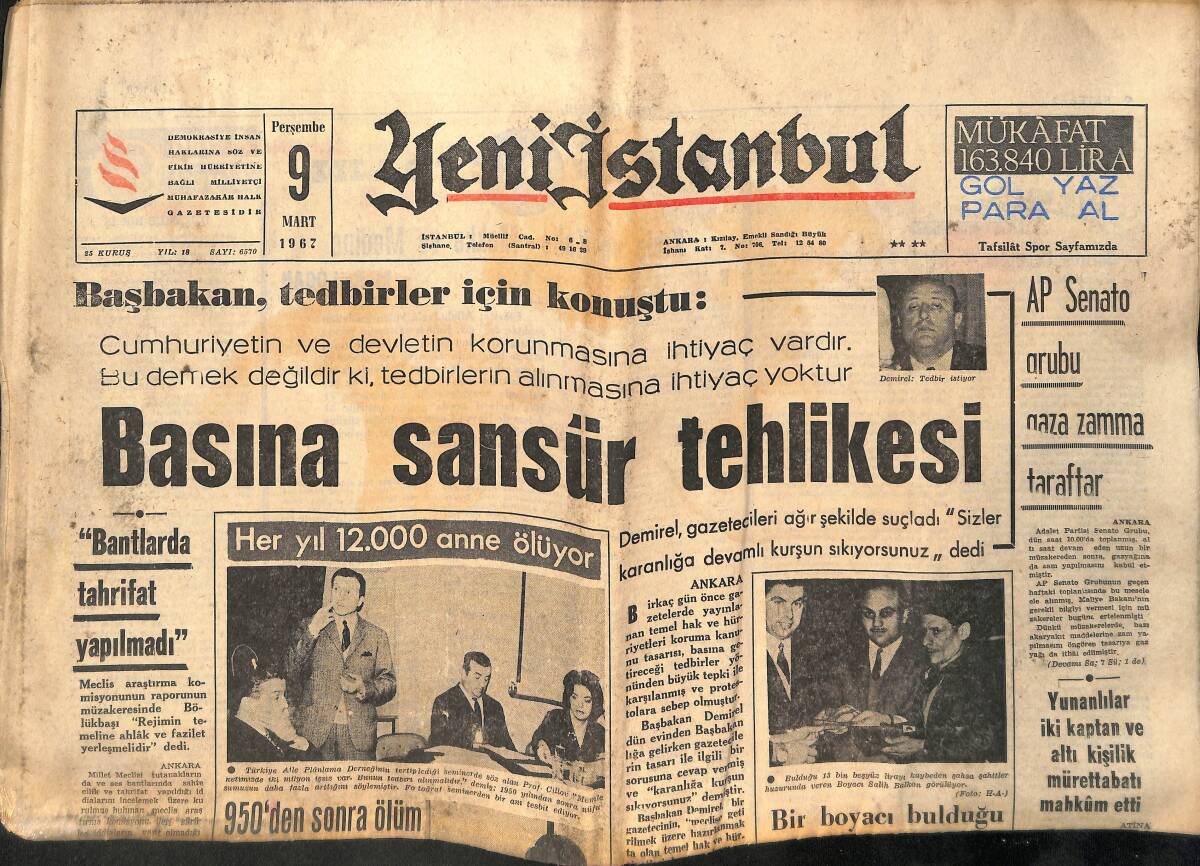 Yeni İstanbul Gazetesi 9 Mart 1967 - Basına Sansür Tehlikesi - Fenerbahçe, Altınorduyu Kura İle Eleyebildi! GZ140552 - 1