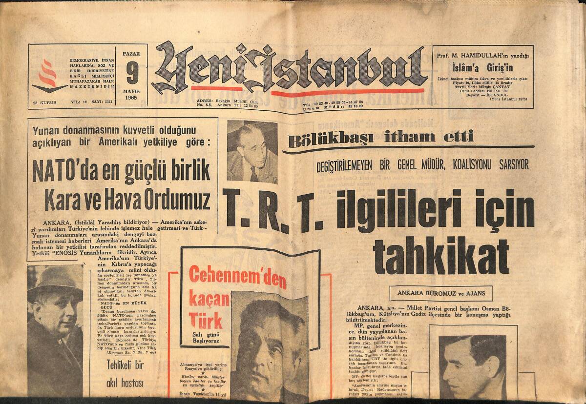 Yeni İstanbul Gazetesi 9 Mayıs 1965 - TRT İlgilileri İçin Tahkikat - Özdağ CHP Suçunu Kabul Etti Dedi! - Saat Olayı Genişliyor! GZ140534 - 1