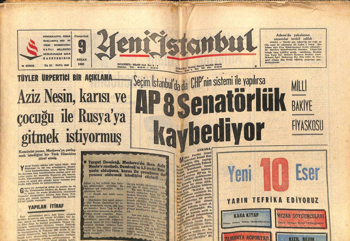 Yeni İstanbul Gazetesi 9 Nisan 1966 - Aziz Nesin, Karısı Ve Çocuğu ile Rusya'ya Gitmek İstiyormuş - Cassius Clay, Nafaka Borcunu Arkadaşları Ödedi GZ140403 - 1