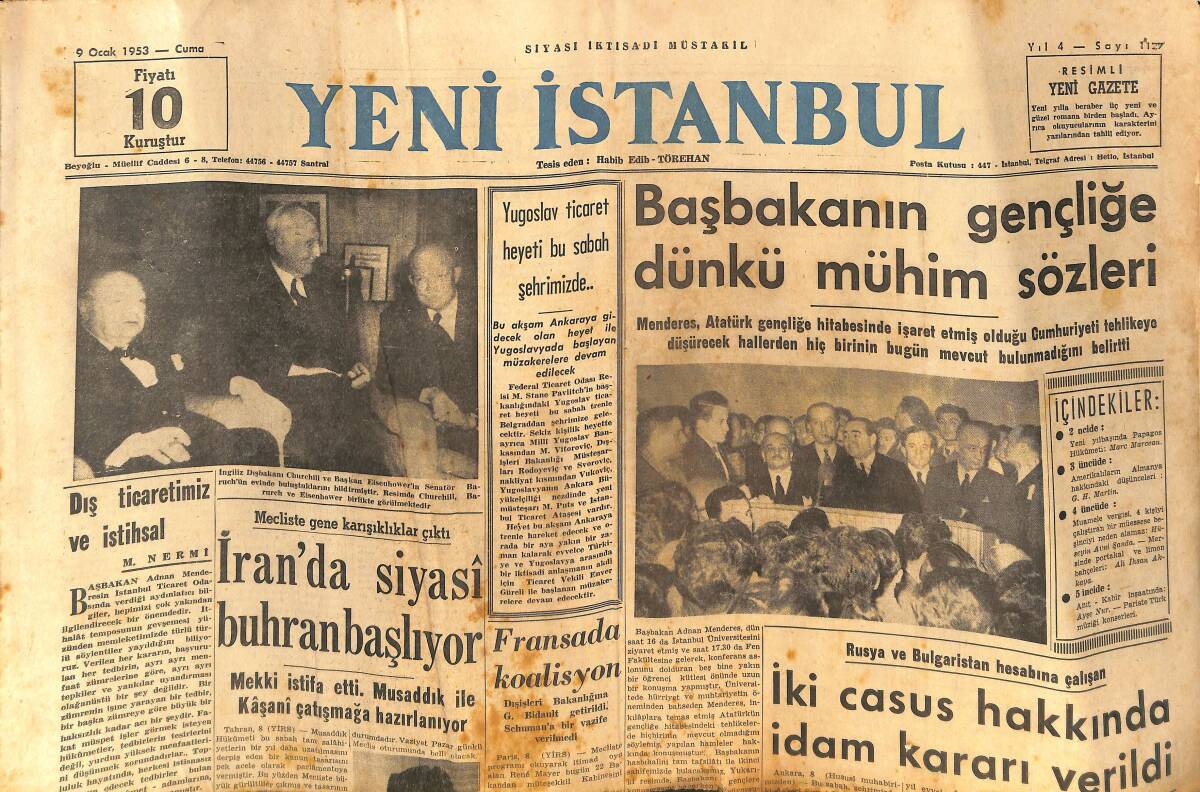 Yeni İstanbul Gazetesi 9 Ocak 1953 - Başbakanın Gençliğe Mühim Sözleri - De Casperi Atina'da - Büyük Kardeşim Atatürk GZ133249 - 1
