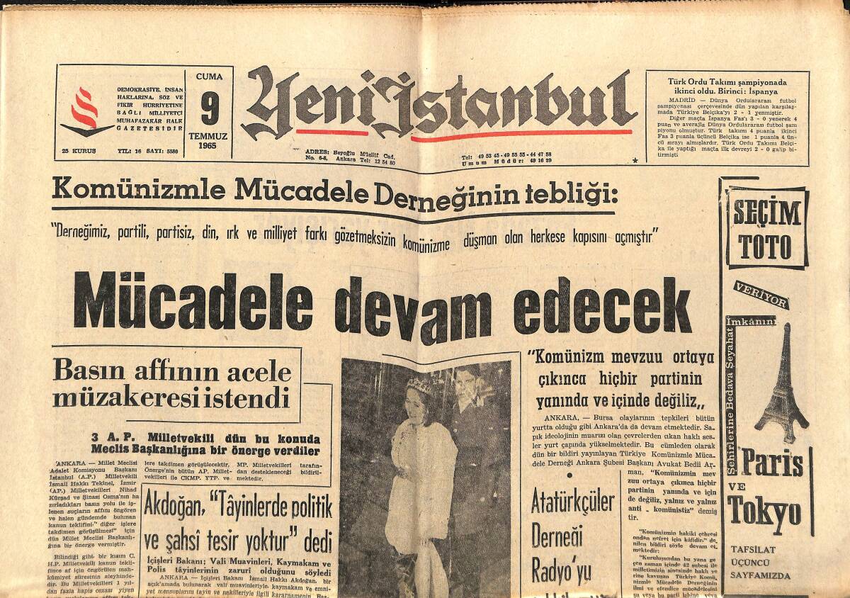 Yeni İstanbul Gazetesi 9 Temmuz 1965 - Feza'da Naziler Yarışıyor - Fas Kralının Kardeşi Prenses Lalla, 2. Elizabeth'i Ziyaret İçin İngiltere'de GZ150787 - 1