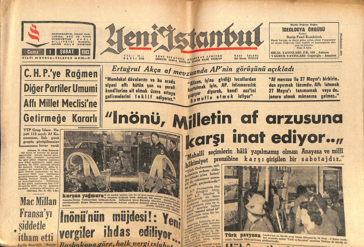 Yeni İstanbul Gazetesi 1 Şubat 1963 - Kıbrıs Türkleri Anayasa Mahkemesine Başvurdu - Galatasaray Kulübü Şirket Olacak GZ147523 - 1