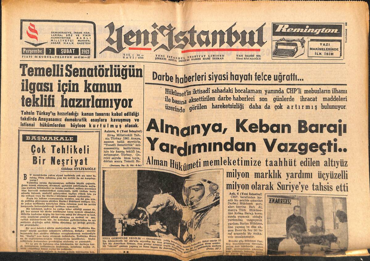 Yeni İstanbul Gazetesi 7 Şubat 1963 - Almanya, Keban Barajı Yardımından Vazgeçti - C. Önder: Türkiye Enflasyona Gidiyor GZ147525 - 1