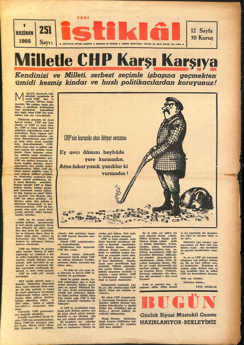 Yeni İstiklâl Gazetesi 1 Haziran 1966 - Milletle CHP Karşı Karşıya GZ160437 - 1