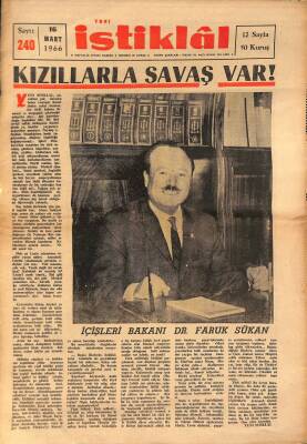 Yeni İstiklâl Gazetesi 16 Mart 1966 - İçişleri Bakanı Dr. Faruk Sükan GZ115363 - 1