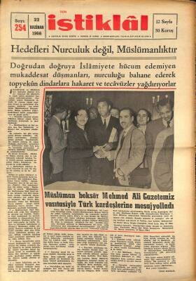 Yeni İstiklâl Gazetesi 22 Haziran 1966 - Müslüman Boksör Mehmed Ali Gazetemiz Vasıtasiyle Türk Kardeşlerine Mesaj Yolladı GZ115336 - 1