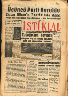 Yeni İstiklâl Gazetesi - 3. Parti Kuruldu , Ekrem Alicanın Partisinde İhtilaf GZ115490 - 1
