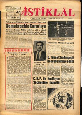 Yeni İstiklâl Gazetesi 8 Kasım 1961 - Fransada Mason Faaliyeti GZ115486 - 1