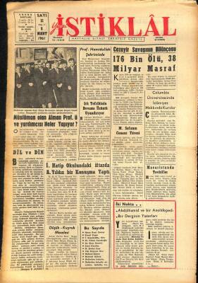 Yeni İstiklâl Gazetesi 8 Mart 1961 - Cezayir Savaşının Bilançosu 176 Bin Ölü , 38 Milyar Masraf GZ115498 - 1