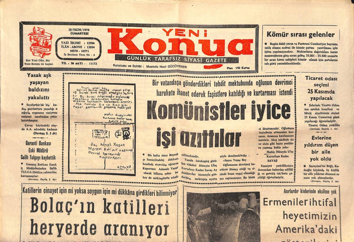 Yeni Konya Gazetesi 28 Ekim 1978 - Komünistler İyice İşi Azıttılar - Bolaç'ın Katilleri Heryerde Aranıyor GZ134681 - 1