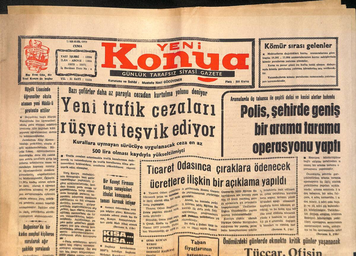 Yeni Konya Gazetesi 7 Aralık 1979 - Yeni Trafik Cezaları Rüşveti Teşvik Ediyor - Keçeciler Bugün Bir Basın Toplantısı Yapacak GZ132512 - 1
