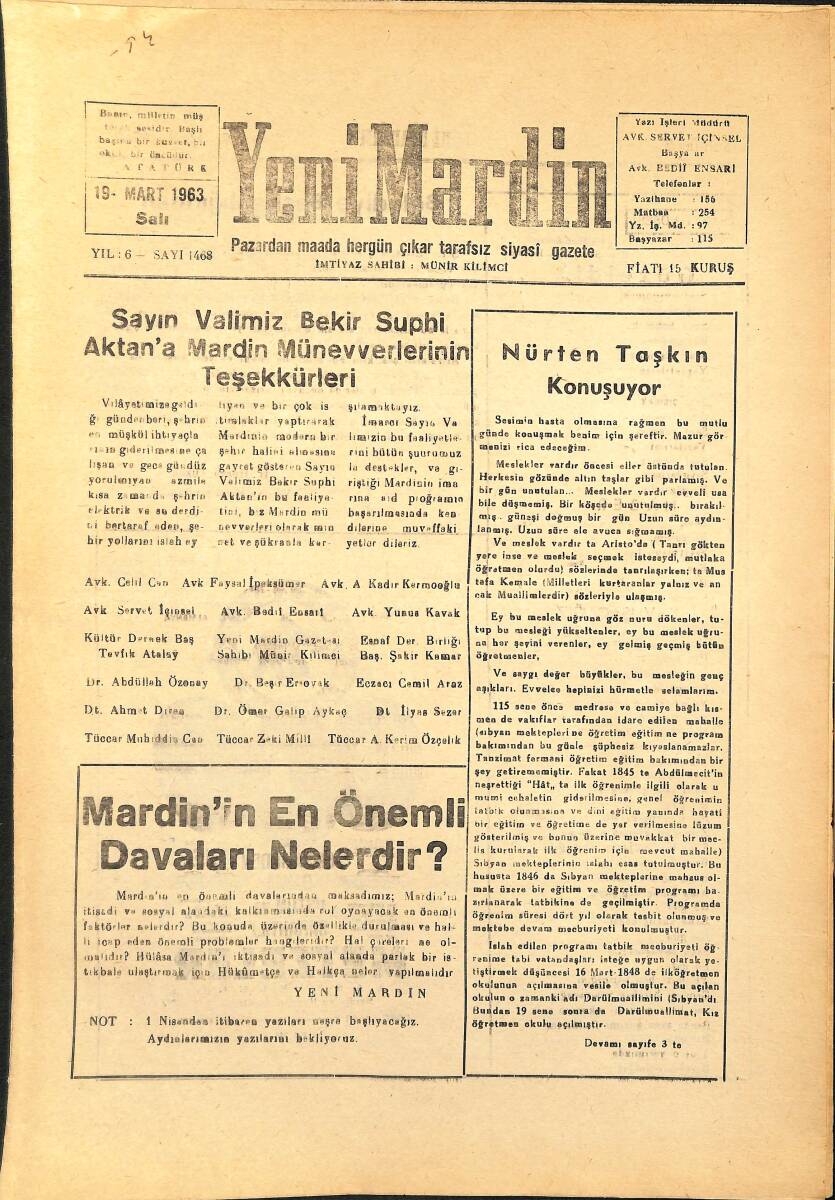 Yeni Mardin Gazetesi 19 Mart 1963 - Mardin'in En Önemli Davaları Nelerdir - Nurten Taşkın Konuşuyor GZ154401 - 1