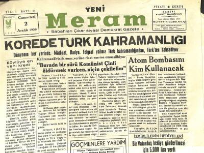 YENİ MERAM SİYASİ DEMOKRAT GAZETE 2 Aralık 1950 SAYI91 - Korede Türk Kahramanlığı NDR74043 - 1