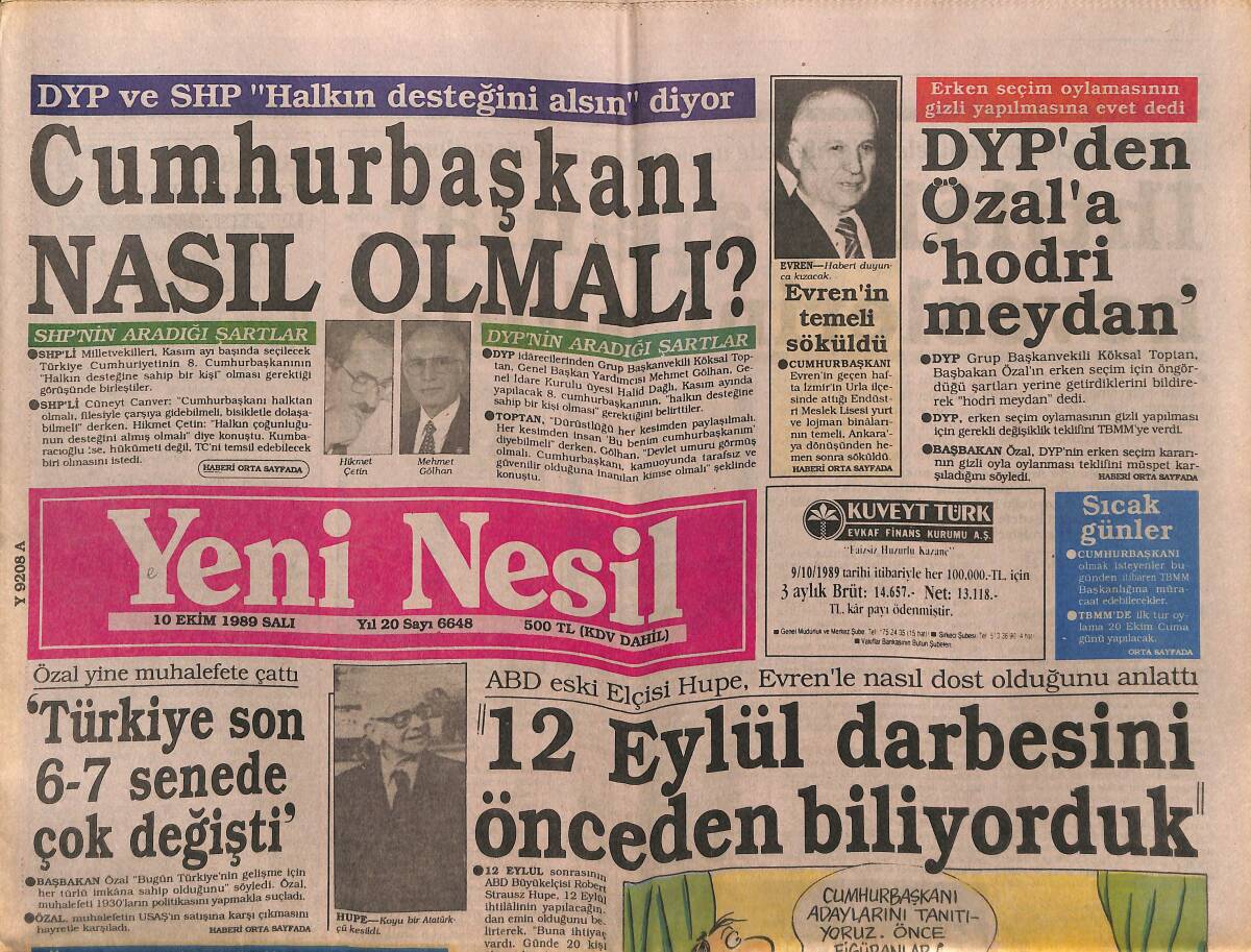 Yeni Nesil Gazetesi 10 Ekim 1989 - İran'a Elektrik Satıyoruz - DYP'den Özal'a Hodri Meydan GZ151438 - 1