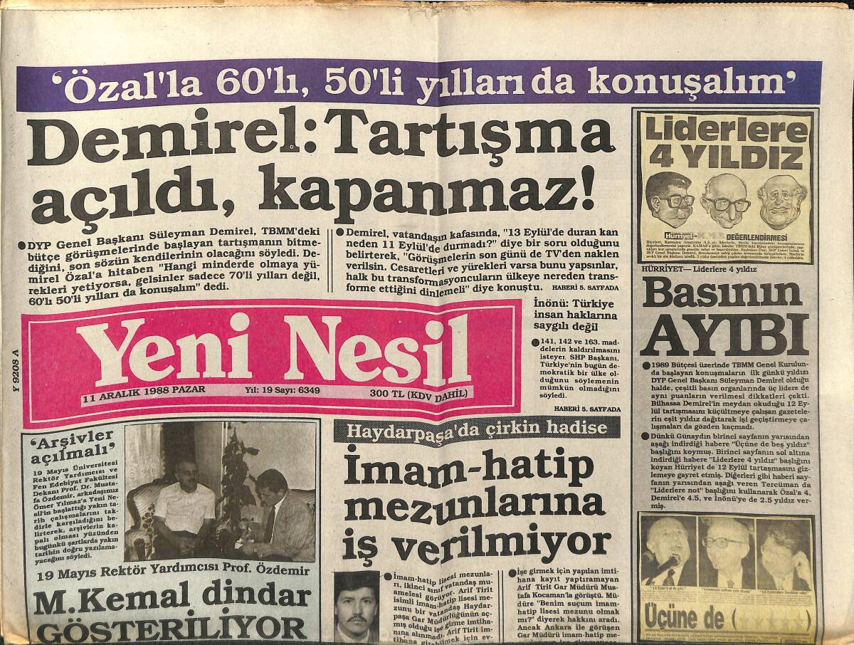 Yeni Nesil Gazetesi 11 Aralık 1988 - Özal İki Hafta Türkiye'de Yok - Denktaş İstanbul'da GZ153228 - 1