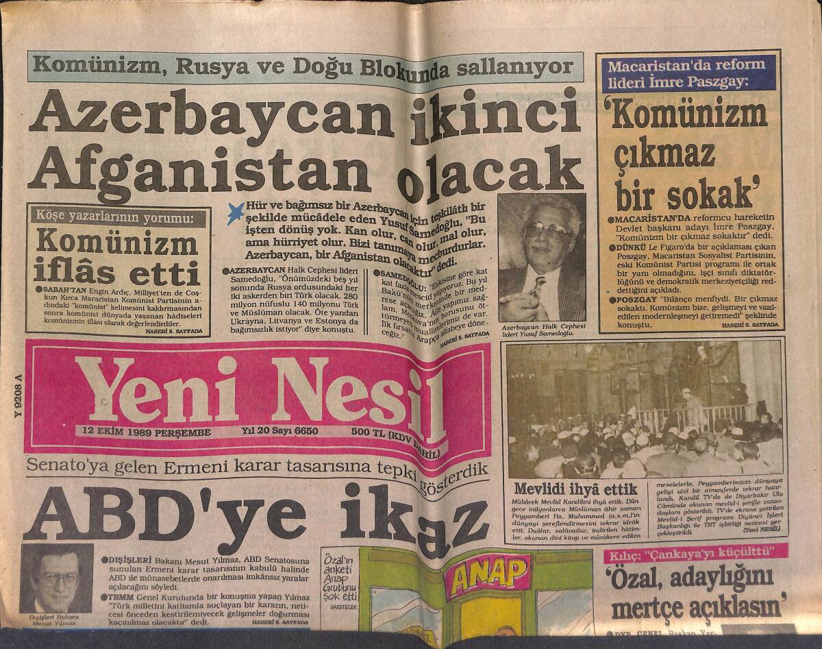 Yeni Nesil Gazetesi 12 Ekim 1989 - Ortega Hariçten Gazel Okudu: Türk Askeri Kıbrıs'tan Çekilsin - Türbanın Zaferi GZ153443 - 1